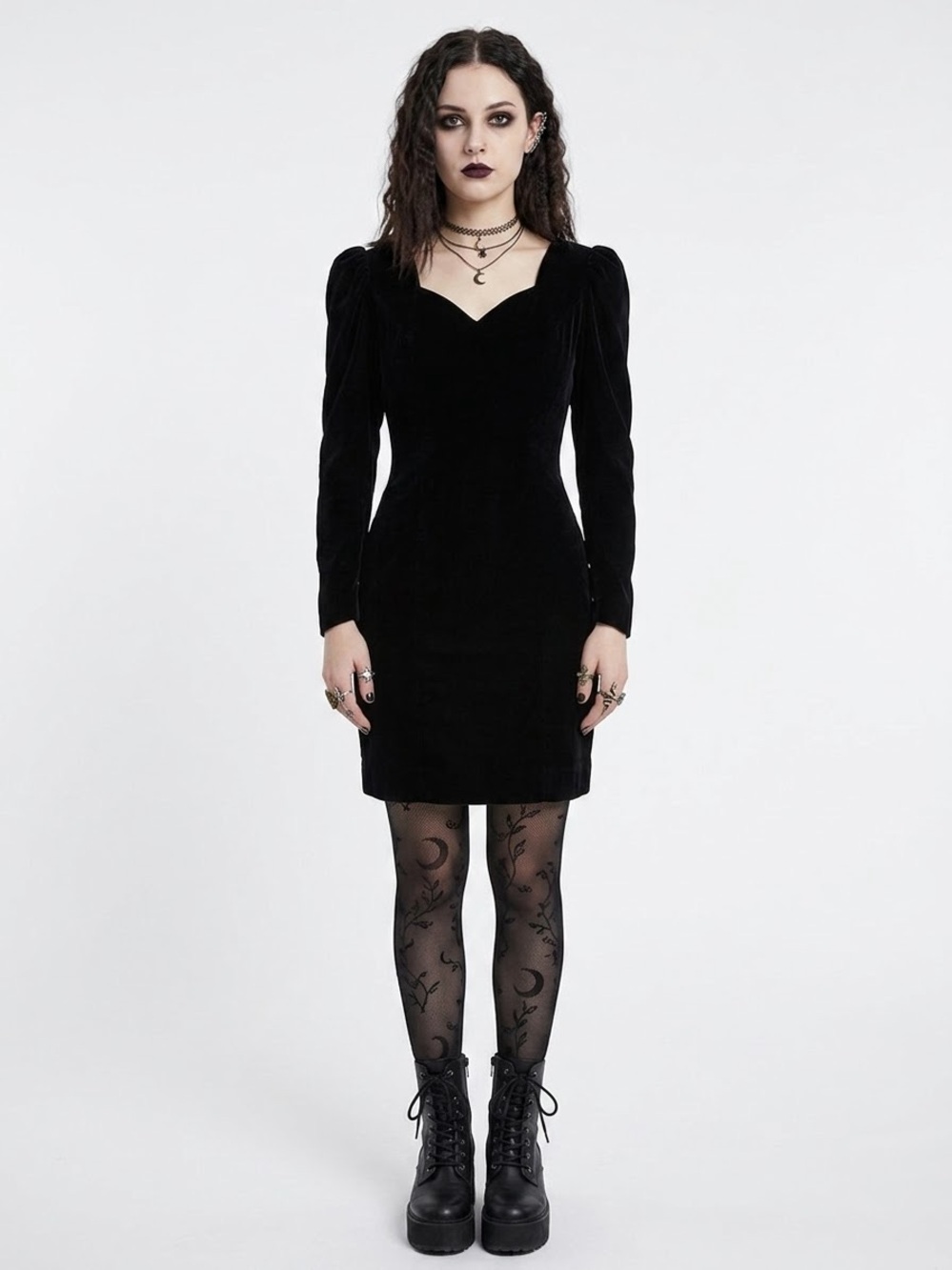 Vintage Vampirecore Black Velvet Puff Sleeve Mini Dress Sweetheart Neck Witchy